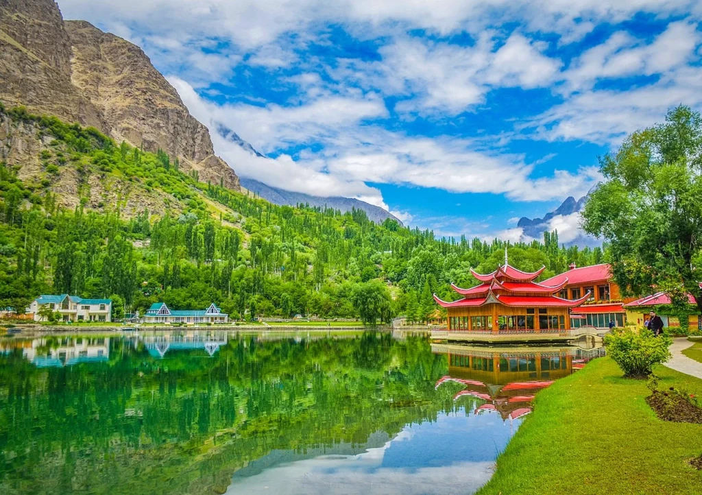 Skardu mountain landscape with clear blue sky and river view