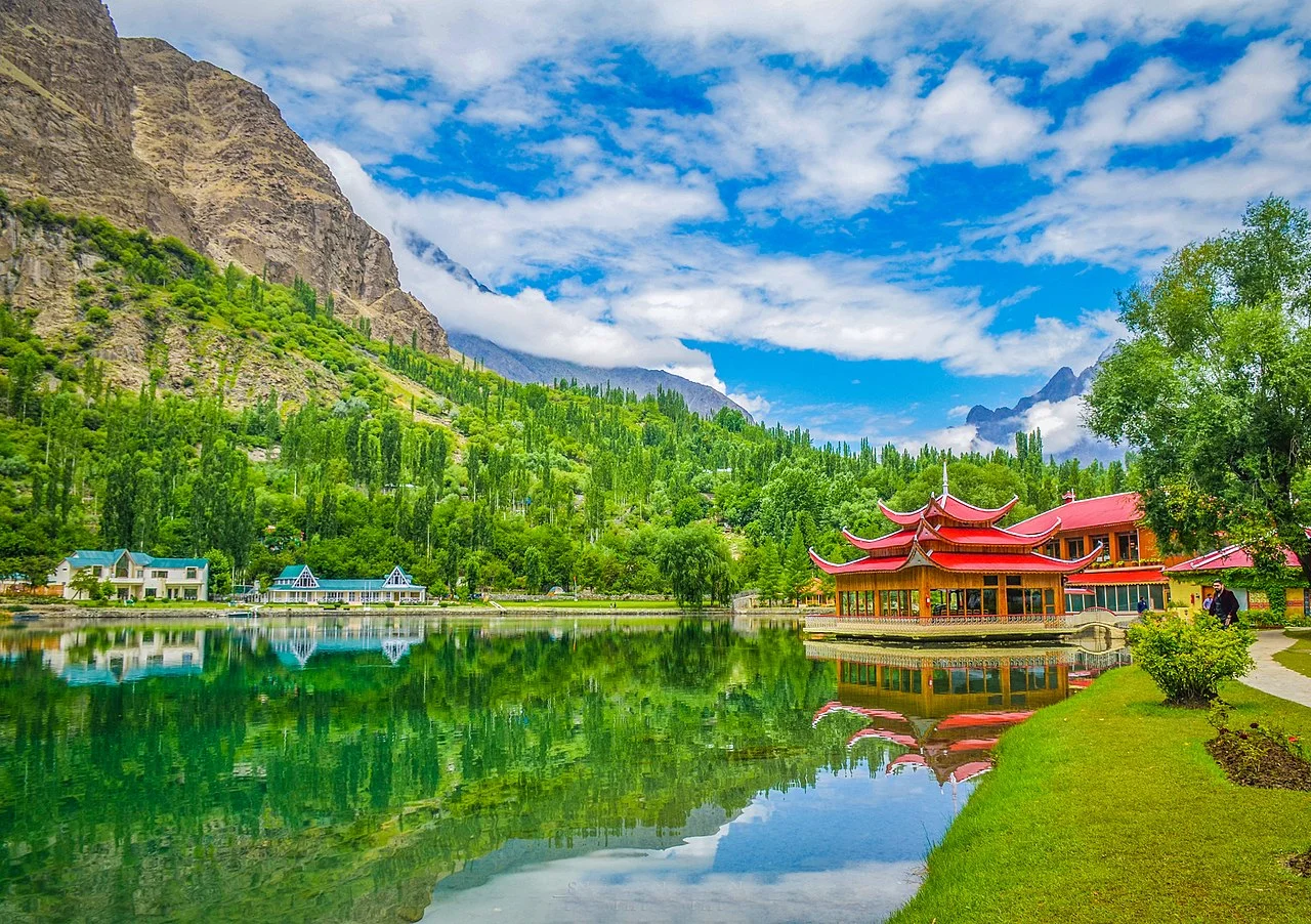 Skardu mountain landscape with clear blue sky and river view