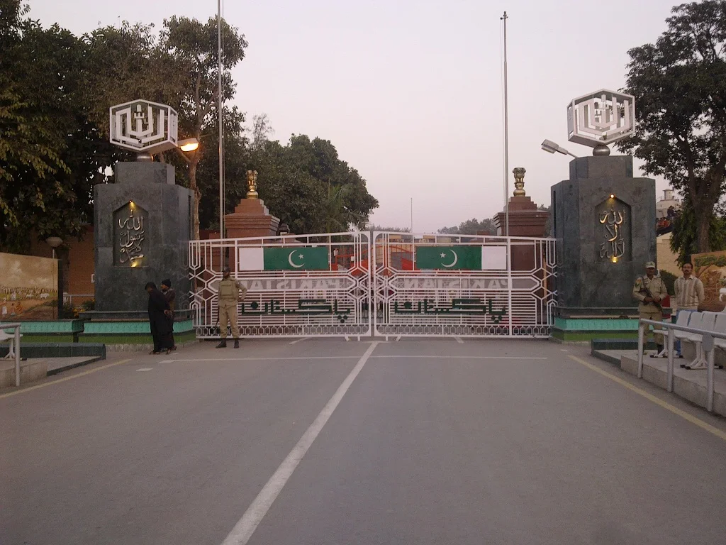Wagah Border Pakistan main entrance with national flags